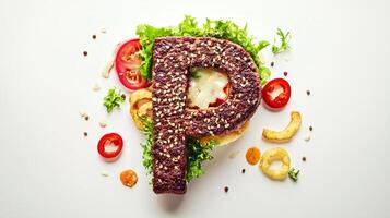 unique culinary creation features the letter P formed from burger ingredients including fresh lettuce tomatoes and condiments presented artistically. photo