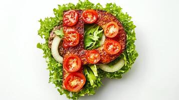 unique creation features the letter P made from hamburger components delicately arranged on a vibrant bed of lettuce illustrating food artistry and creativity. photo