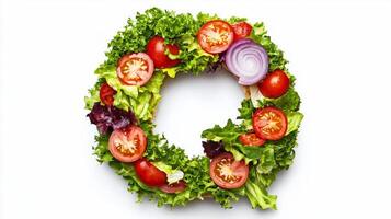 vibrant Letter Q formed entirely from fresh ingredients typically found in a hamburger featuring lush greens tomatoes and onion. This artistic creation stands out against a white backdrop. photo