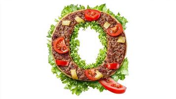 striking Letter Q made from delicious hamburger showcases fresh lettuce tomatoes and burger patty textures against a clean white backdrop making it appetizing visual treat. photo