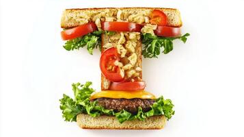 Crafted from fresh hamburger components two letter T shapes form a mouth watering meal. The arrangement includes sesame seed buns lettuce tomato and pickles all set against a pristine background. photo