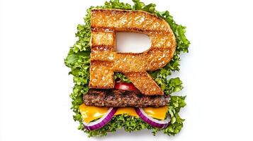 artistic arrangement presents the letter R formed by burger ingredients showcasing lettuce cheese and beef. It offers a playful and delicious twist on the alphabet. photo