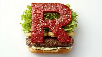 unique burger takes form of the letter R showcasing vibrant lettuce a juicy patty and a playful touch of ketchup all on a white backdrop. photo