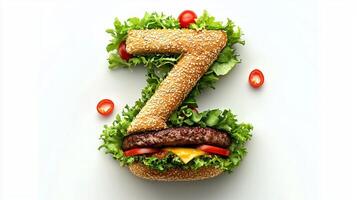 striking letter Z crafted from burger elements sits atop a bed of fresh lettuce cheese and tomato highlighting culinary creativity on a clean white backdrop. photo