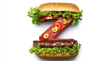 unique hamburger features the letter Z formed from crispy ingredients surrounded by vibrant lettuce and juicy tomatoes highlighting creativity in food design. photo