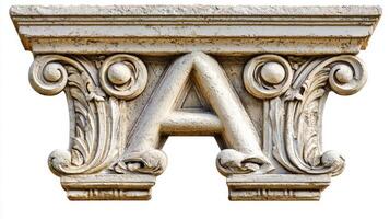 artwork showcases the letter A crafted from intricate antique column detailing, elegantly standing out against a clean white backdrop, ideal for creative projects. photo