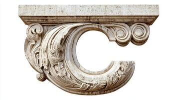 letter C is beautifully crafted with intricate antique column textures, showcasing its elegance and artistry, standing out starkly against a clean white backdrop. photo