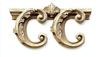 letter C showcases a stunning antique column texture, intricately detailed with elegant flourishes, placed against a clean, white background that enhances its artistic appeal. photo