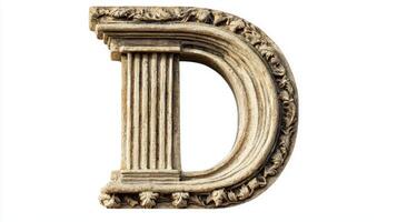 letter D, elegantly crafted with intricate column textures, stands as a striking focal point against a pure white background, capturing a timeless aesthetic. photo