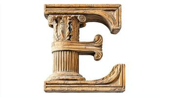 letter E emerges with intricate detailing, showcasing a stunning antique column texture that adds a touch of classical elegance against a clear white backdrop. photo