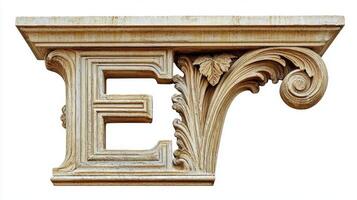 artwork features a beautifully crafted Letter E, adorned with an antique column texture, highlighting elegance and craftsmanship on a bright white backdrop. photo