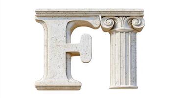striking letter F features a textured antique design, incorporating elements of classical architecture. It stands out against a pure white backdrop, evoking sophistication. photo