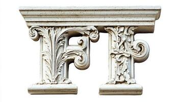 ornate letter F, designed with an antique column texture, stands isolated on a white background, exemplifying artistry in typography and craftsmanship. photo