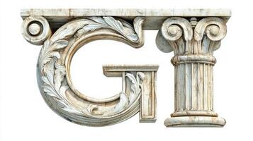 beautifully designed letter G, inspired by antique architecture, highlights intricate relief work and detailed textures, offering a striking visual appeal against a clean white surface. photo