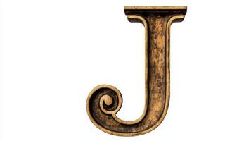striking letter J features a unique antique column texture, beautifully showcasing its curves and artistry. Set against a bright white background, it embodies elegance and history. photo