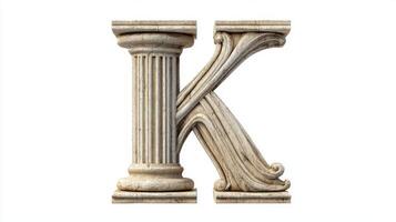 intricately designed letter K stands out with an antique column texture, beautifully highlighting craftsmanship and elegance against a stark white background. photo