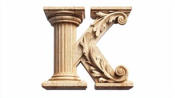 letter K, designed with intricate antique column textures, stands prominently on a pristine white background, showcasing elegant artistry and craftsmanship. photo