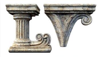 letter L appears in a unique antique column design, featuring detailed textures and elegant curves that stand out against a pristine white background, perfect for artistic use. photo