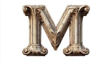 artwork features a beautifully crafted letter M, designed with an antique column texture that highlights intricate detailing, set against a stark white backdrop. photo