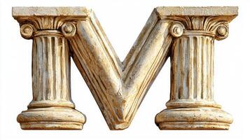 striking letter M showcases a unique design featuring intricate antique column textures. The realistic craftsmanship stands out prominently against a pure white background. photo