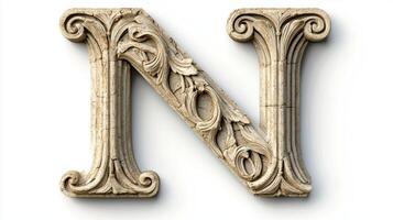 letter N, crafted in an antique style, showcases a beautiful column texture, elegantly isolated against a bright white background, emphasizing its artistic detail. photo