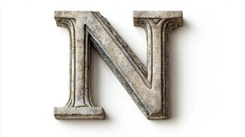 striking letter N, crafted with an antique column texture, stands prominently against a white backdrop, highlighting its artistic details and historical significance. photo
