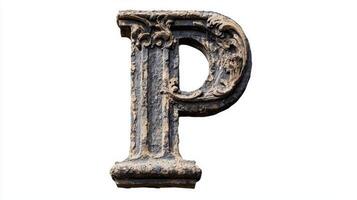 letter P stands tall with a rich antique column texture, showcasing intricate details and a weathered appearance, set against a clean white background. photo