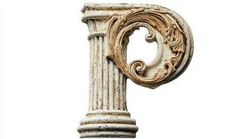 artistic representation features a beautifully designed letter P, adorned with ornate details reminiscent of ancient architecture, set against a crisp white backdrop. photo