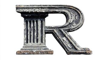 artistic letter R features an intricate antique column texture, exuding an old-world charm, perfectly highlighted against a clean white backdrop. photo