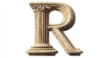 Experience the elegance of the letter R, designed with an antique column texture. Set against a clean white background, it captures classic artistry and sophistication. photo