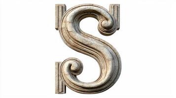 letter S stands out with vintage column textures, highlighting its elegant curves and detailed craftsmanship against a clean white canvas, evoking timeless artistry. photo