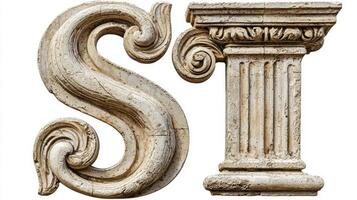 beautifully crafted letter S, styled in an antique column texture, stands against a pristine white backdrop, highlighting its elegant curves and historic significance. photo