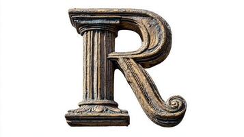 letter R is beautifully crafted with an antique column texture, showcasing intricate details and elegance against a pristine white background, ideal for artistic use. photo