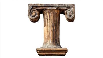 intricately designed letter T emerges with a vintage column texture, showcasing classical elegance and artistry. The backdrop remains a flawless white, enhancing its charm. photo