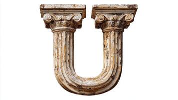 letter U is beautifully formed from an antique column texture, exuding historical elegance and artistic flair, perfectly set against a clean white backdrop. photo