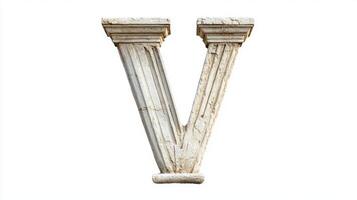 striking letter V showcases an antique column texture, intricately detailed and beautifully isolated on a bright white backdrop, perfect for design projects. photo