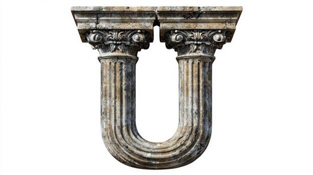letter U stands out with intricate antique column textures, beautifully showcasing classic design elements on a white backdrop. A unique blend of history and art. photo