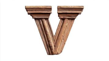artistic letter V showcases its design inspired by antique columns, featuring intricate textures that add depth. The piece stands alone against a pristine white backdrop. photo