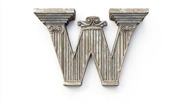 letter W stands prominently, crafted from antique column textures, radiating a timeless beauty. Set against a stark white background, it merges classic design with modern simplicity. photo