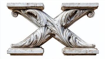 striking letter X captures an antique column texture, featuring beautifully carved details and a weathered finish that highlights its elegant design against a stark white background. photo