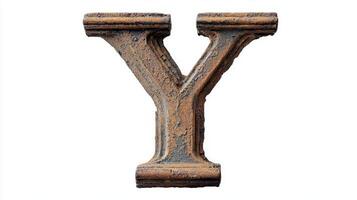antique letter Y stands out, showcasing exquisite column-like texture that reflects a rich history, set cleanly against a white background, evoking timeless elegance. photo