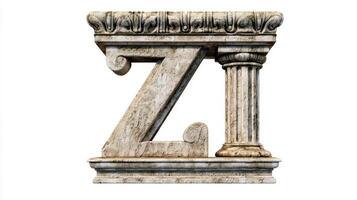 intricately designed Letter Z featuring an antique column texture stands out vibrantly against a pure white background, highlighting its artistic charm and historical elegance. photo