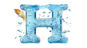 letter H beautifully designed in glass reveals colorful fish swimming within shimmering water creating an enchanting aquatic effect against a clean white backdrop. photo