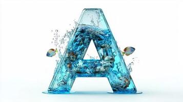 beautifully crafted glass letter A showcases a lively aquarium scene, filled with shimmering water and colorful fish, all set against a pristine white backdrop. photo