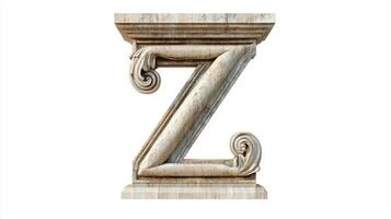 letter Z stands out with a stunning antique column texture, captured against a clean white backdrop. This artwork combines classic charm with modern elegance for design enthusiasts. photo