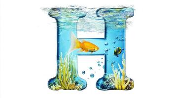 artistic letter H showcases a transparent glass design filled with colorful fish and aquatic plants creating a captivating underwater scene that evokes tranquility. photo
