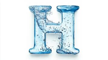 artistic representation showcases the letter H crafted from glass featuring vibrant water and small fish within evoking a serene aquatic ambiance on a white backdrop. photo