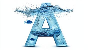 captivating letter A, crafted from glass, contains shimmering water and colorful fish within, showcasing a unique aquatic-themed design on a white backdrop. photo