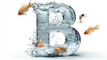 vibrant representation of the letter B, crafted from transparent glass, showcases sparkling water with colorful fish swimming gracefully within, enhancing any artistic setting. photo