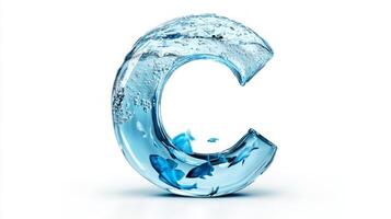 letter C, crafted from transparent glass, showcases a vivid display of water and small fish within, all set against a clean white backdrop, enhancing its elegance. photo